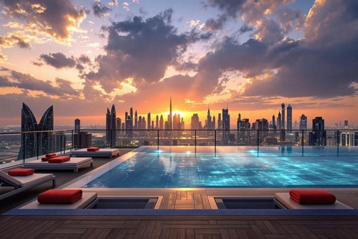 The rooftop pool at sunset