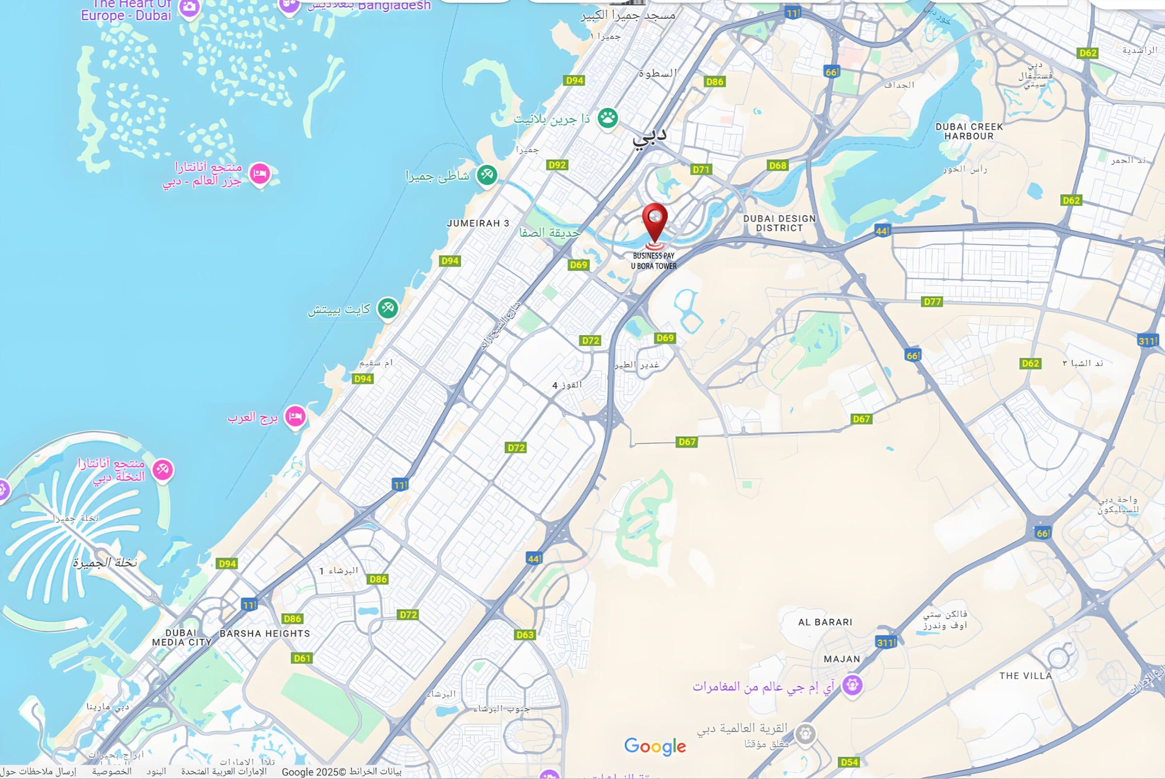 Map of Dubai showing the Tarrad head office